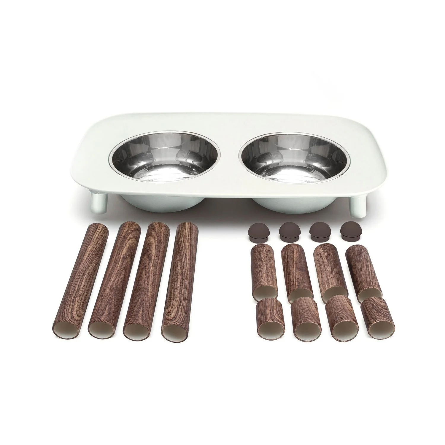 Messy Mutts Double Elevated Feeder Stainless Bowls Light Grey Faux Wooden Legs - Image 5