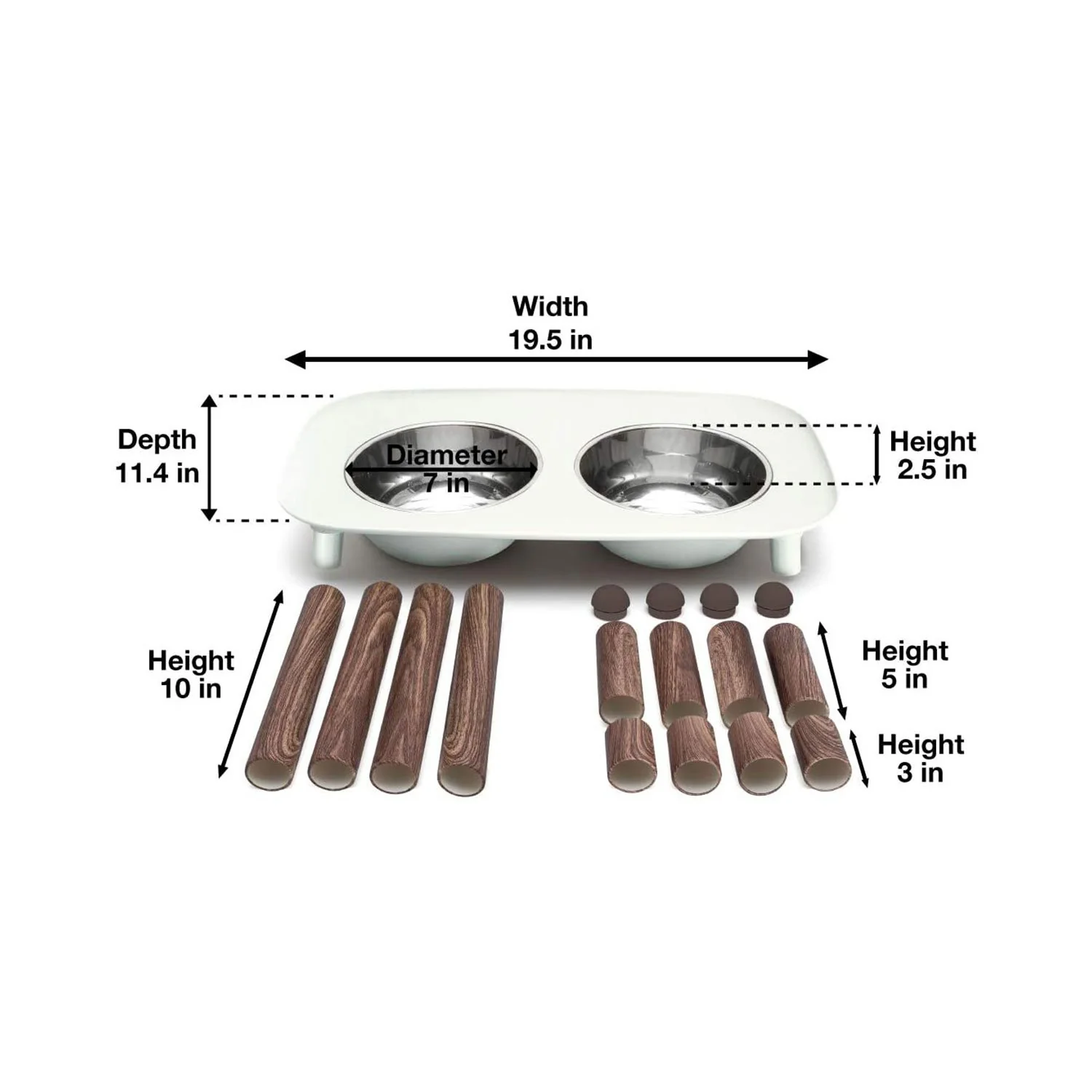 Messy Mutts Double Elevated Feeder Stainless Bowls Light Grey Faux Wooden Legs - Image 6